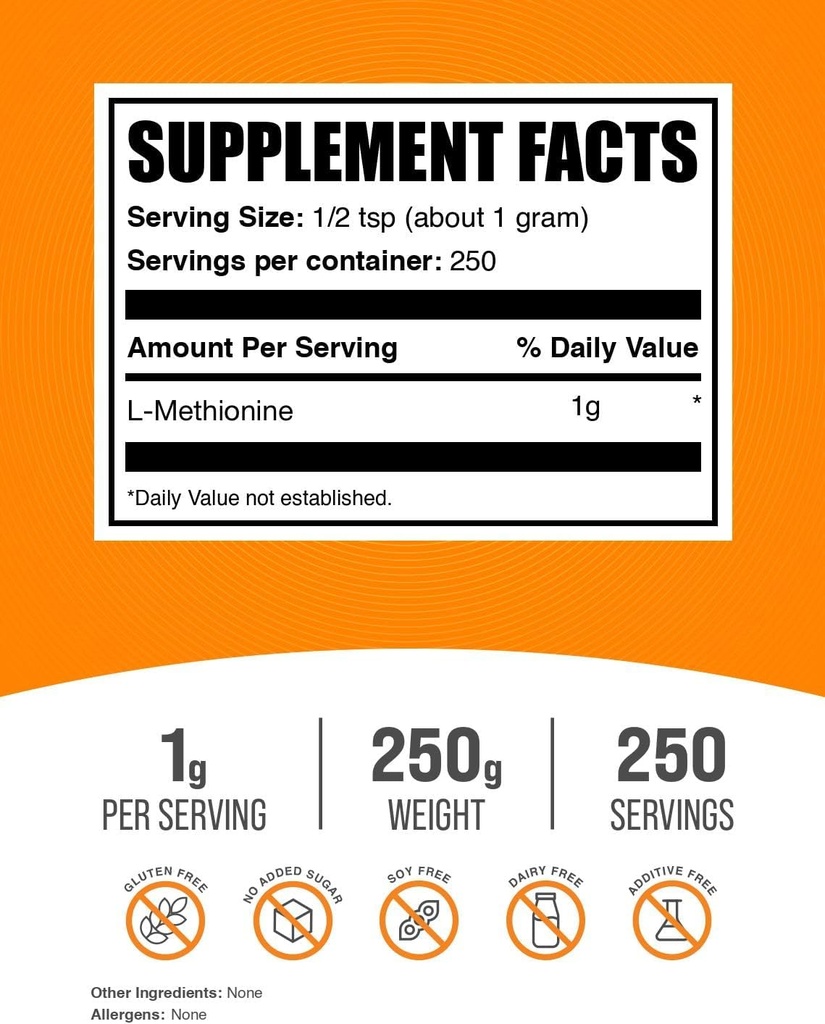 BulkSupplements.com L-Methionine Powder - Amino Acids Nutritional Supplements, Choline Supplements, Antioxidants Supplement - Gluten Free, 1g per Serving, 250g (8.8 oz) (Pack of 1) 3