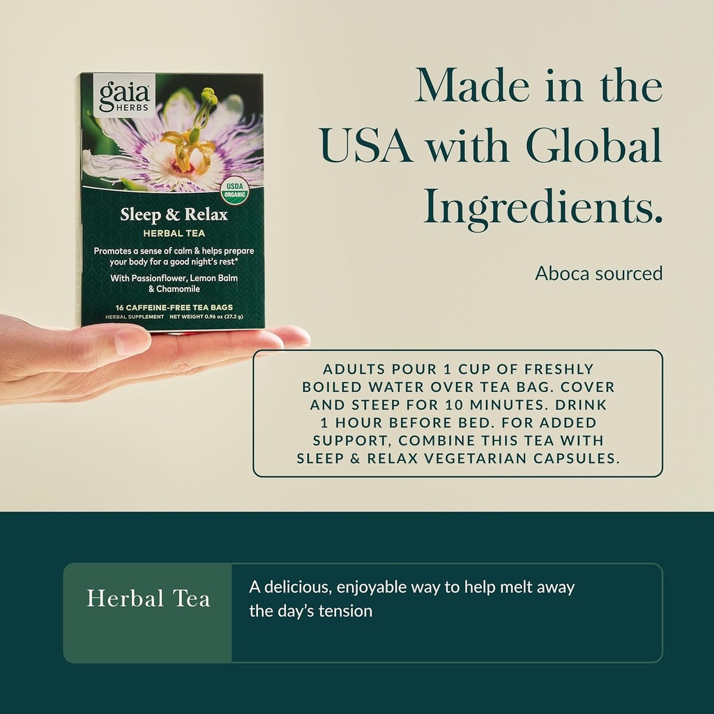 Gaia Herbs Sleep & Relax Herbal Tea - Supportive Sleep Aid for a Natural Calm to Prepare for a Good Night’s Rest* - With Passionflower, Chamomile & Lemon Balm - 16 Caffeine-Free Tea Bags 5