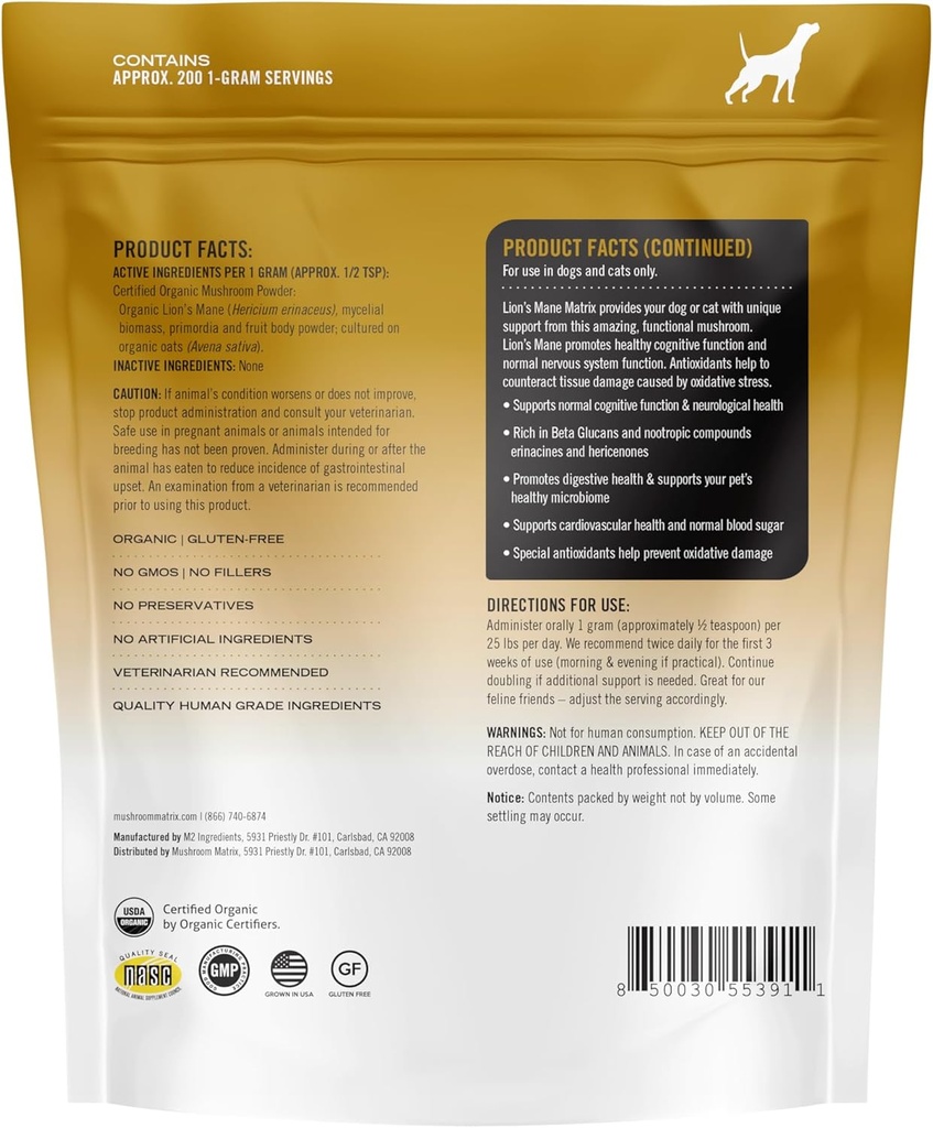 Om Mushroom Matrix Lion’s Mane Mushroom Powder Pet Supplement, Provides Cognitive Support & Holistic Digestive Support for Dogs & Cats, 200 Grams, 7.1 oz 3