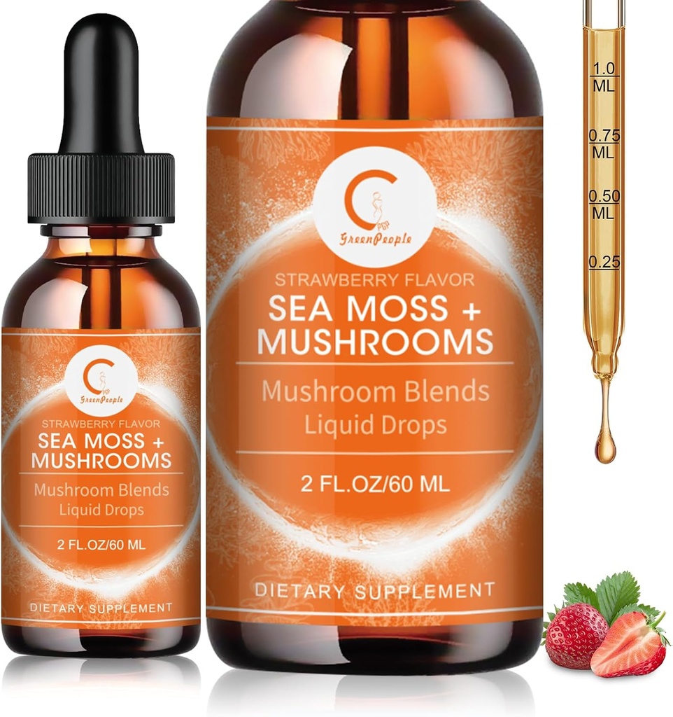 Sea Moss & Mushrooms Liquid Drops, Lions Mane Supplement with Irish Sea Moss & Cordyceps etc, Support for Memory, Focus & Clarify, Immune and Digestive Health, Non-GMO, Strawberry Flavor, 2 FL OZ 2
