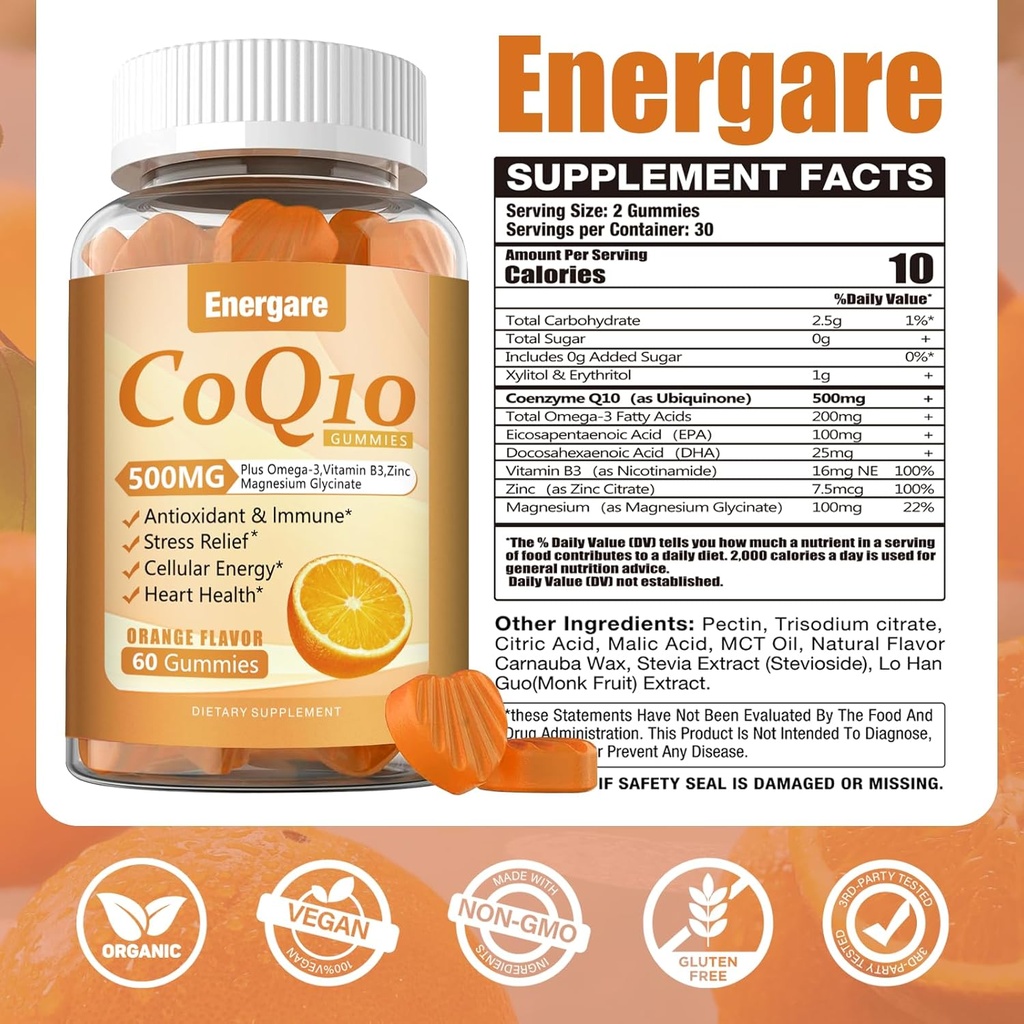 2 Packs CoQ10 500MG Gummies - 3X Better Absorption Coenzyme Q10 Supplements - Plus Omega-3, Magnesium, Vitamin B3 & Zinc for Heart Health, Cellular Energy & Antioxidant, 120 Cts 3