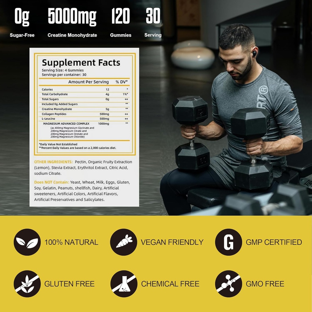 Creatine Monohydrate Gummies, 120 Creatine Sugar Free Gummies with 1000 mg Magnesium Complex and L-Threonate for Men & Women, Energy Support 1 Pack 5