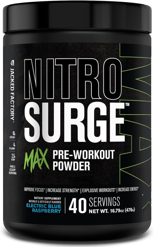 Jacked Factory Nitrosurge Max High Performance Pre Workout Powder - Pre Workout w/Nootropic Ingredients for Intense Focus, Pumps, Smooth Energy, Endurance - 40 Servings, Cherry Bomb 2