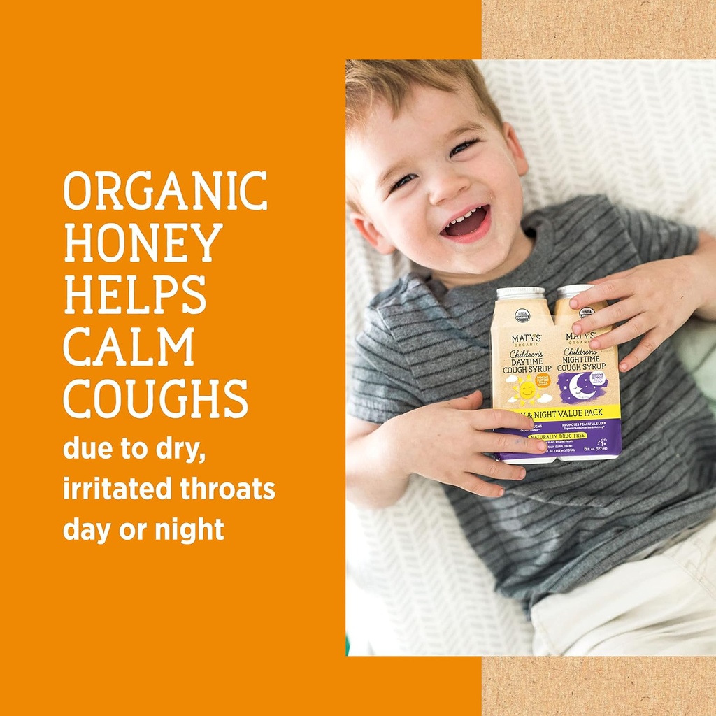 Matys Organic Kids Cough Syrup Day & Night Combo for Children 1 Year +, Soothing Cough Relief w/Zinc, Melatonin & Dye Free, 2 Bottles, 6 fl oz Each 4
