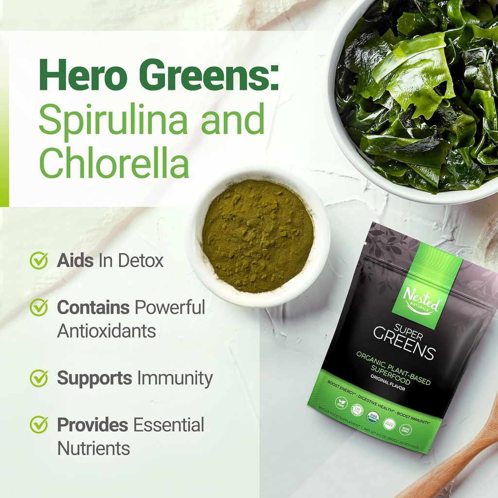 Super Greens Daily Greens Superfood Powder - Certified USDA Organic Green Powder w/20+ Whole Foods, Spirulina Powder, Wheat & Barley Grass - Probiotics, Fiber & Enzymes - Original Refill, 30 Servings 6
