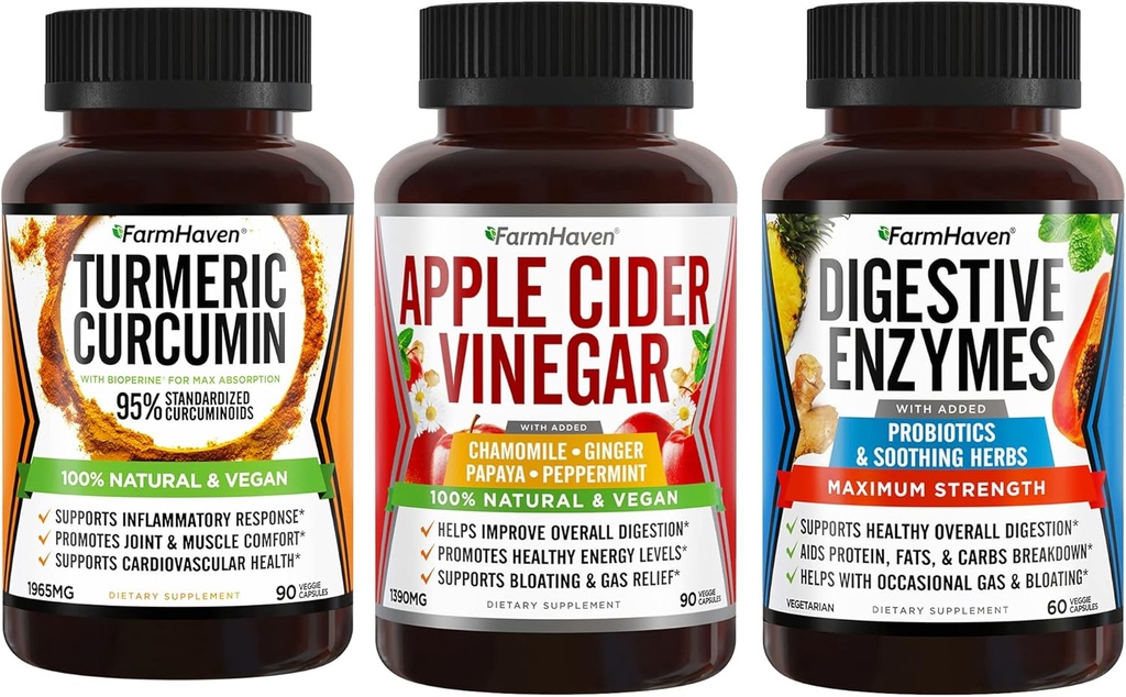 FarmHaven Turmeric Curcumin with BioPerine Black Pepper + Digestive Enzymes with 18 Probiotics + Apple Cider Vinegar with Mother 2