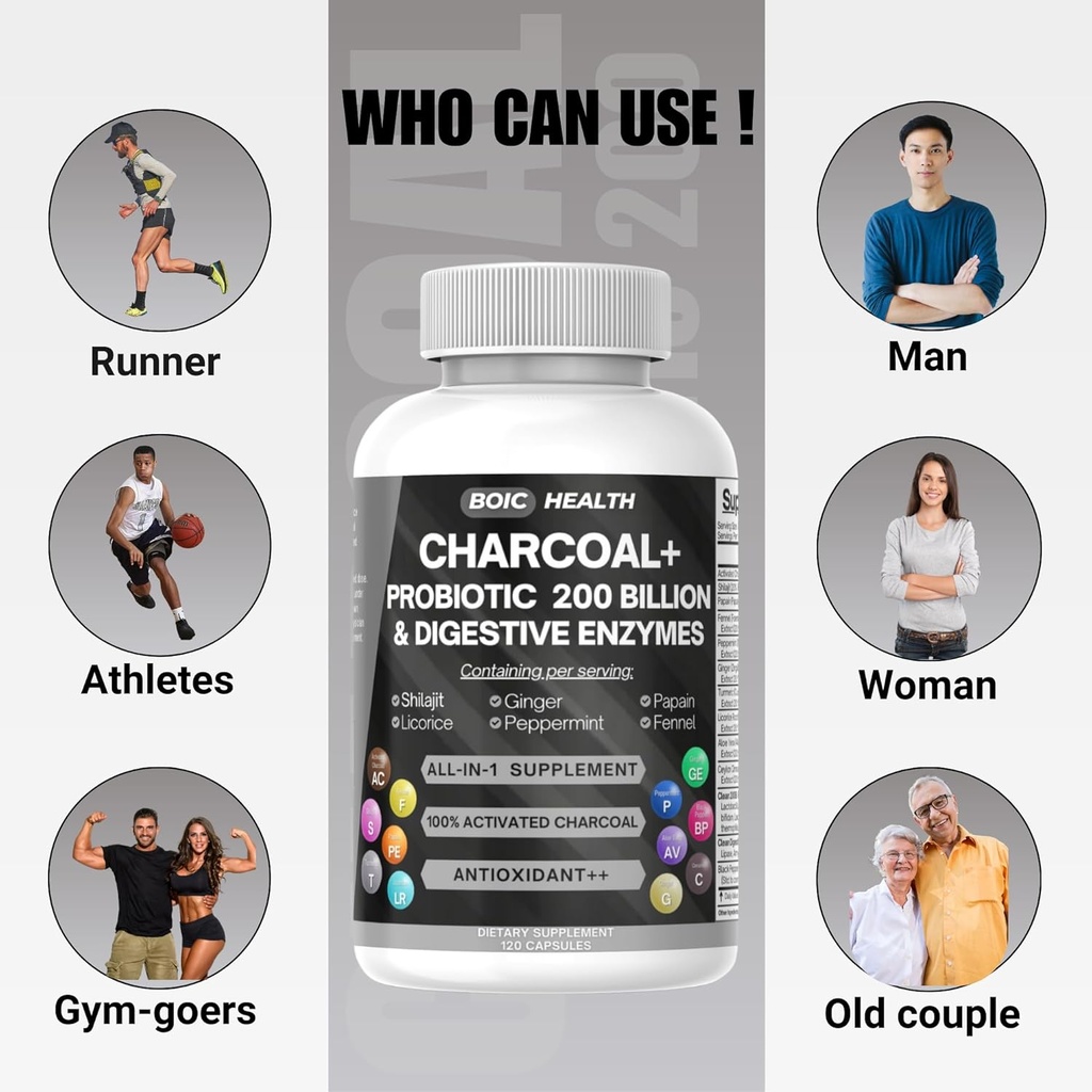 Activated Charcoal Capsules – Extra Strength with Shilajit, 200 Billion CFU Probiotics, Digestive Enzymes, Peppermint, Fennel, Licorice & Ginger – 120 Capsules (Pack of 1) 6