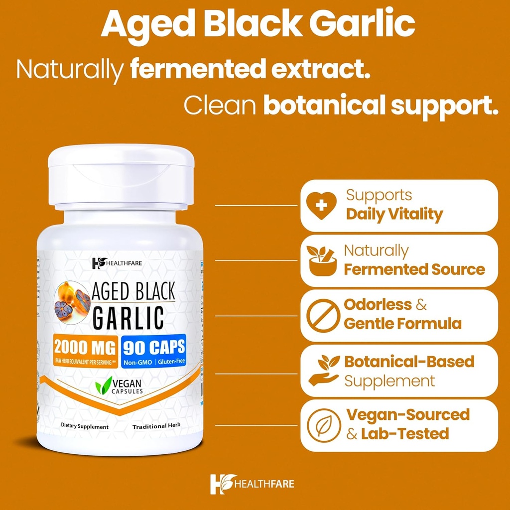 Healthfare Aged Black Garlic Supplement Pills | 2000mg Equivalent | 2 Bottles, 180 Vegan Capsules | Fermented Odorless Garlic Extract | Non-GMO, Gluten-Free | Made in USA 3