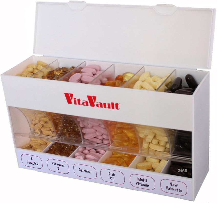GMS VitaVault Vitamin & Pill Organizer - Medicine Cabinet Organizer with 6 Separate Large Compartments - Store up to 60 Days Worth of 6 Different Vitamins - Fits All Size Supplements - 1 pc 2