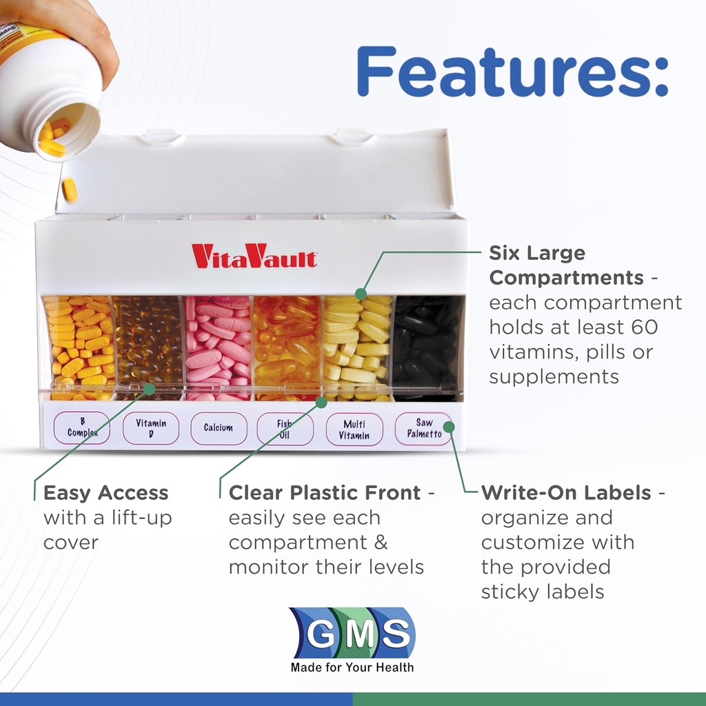 GMS VitaVault Vitamin & Pill Organizer - Medicine Cabinet Organizer with 6 Separate Large Compartments - Store up to 60 Days Worth of 6 Different Vitamins - Fits All Size Supplements - 1 pc 3