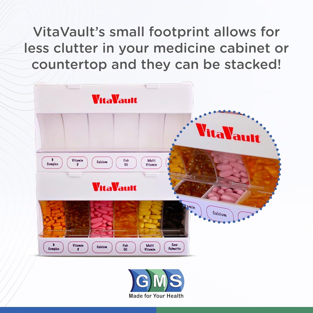 GMS VitaVault Vitamin & Pill Organizer - Medicine Cabinet Organizer with 6 Separate Large Compartments - Store up to 60 Days Worth of 6 Different Vitamins - Fits All Size Supplements - 1 pc 4
