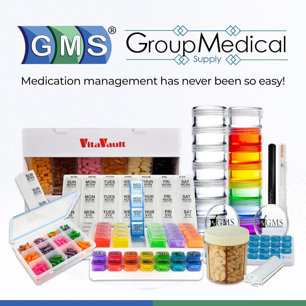 GMS VitaVault Vitamin & Pill Organizer - Medicine Cabinet Organizer with 6 Separate Large Compartments - Store up to 60 Days Worth of 6 Different Vitamins - Fits All Size Supplements - 1 pc 6