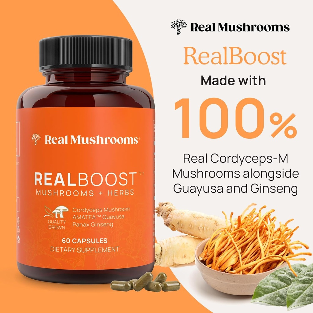 Real Mushrooms RealBoost (60ct) and Cordyceps (120ct) Capsules Bundle - Mushroom Supplement for Energy, Vitality & Endurance - Energy Vitamins w/Ginseng, Guayusa - Vegan, Non-GMO 3