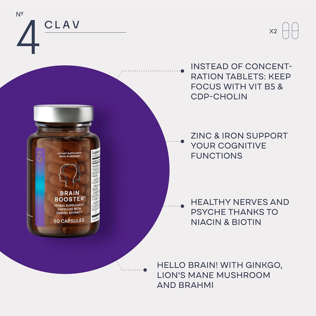 CLAV N°4 Brain Booster - Nootropics Brain Support Supplement for Memory & Focus - Lions Mane, Bacopa Monnieri, Ginkgo - Brain Vitamins & Memory Pills - 60 Capsules 4