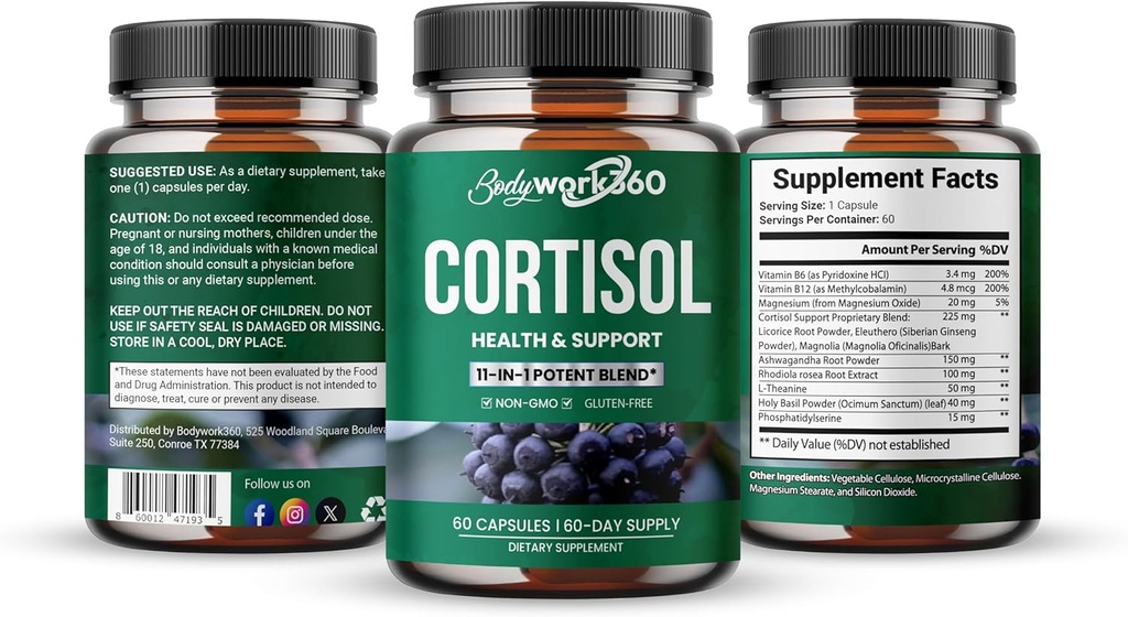 Cortisol Health & Support for Hormone Balance, Sound Sleep, Focus, Mood & Stress support - Contains Ashwagandha, L-theanine, Rhodiola Rosea Root Extract - Gluten free, Vegan, Non-GMO - 60 capsules. 3