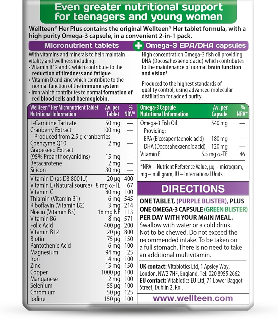Vitabiotics Wellteen Her Plus Omega-3 - Advanced Nutritional Support for Teenagers and Young Women Ages 13-19 - 56 Tablets and Capsules 3