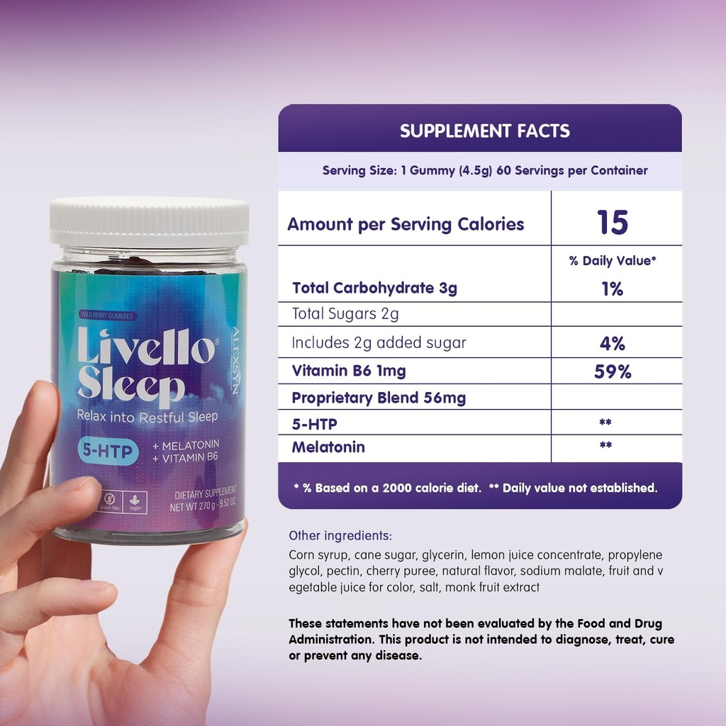 Livello Sleep Wild Berry Gummies - 60 Servings Natural Sleep Support with 5-HTP, Melatonin, and Vitamin B6 for Peaceful Night, Vegan & Gluten-Free 3