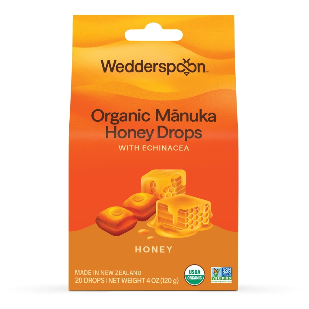 Wedderspoon 有机玛努卡蜂蜜滴,蜂蜜和艾奇纳西亚,20 Counter (Pack of 1) 新西兰真蜂蜜 用于干喉的完美补救措施