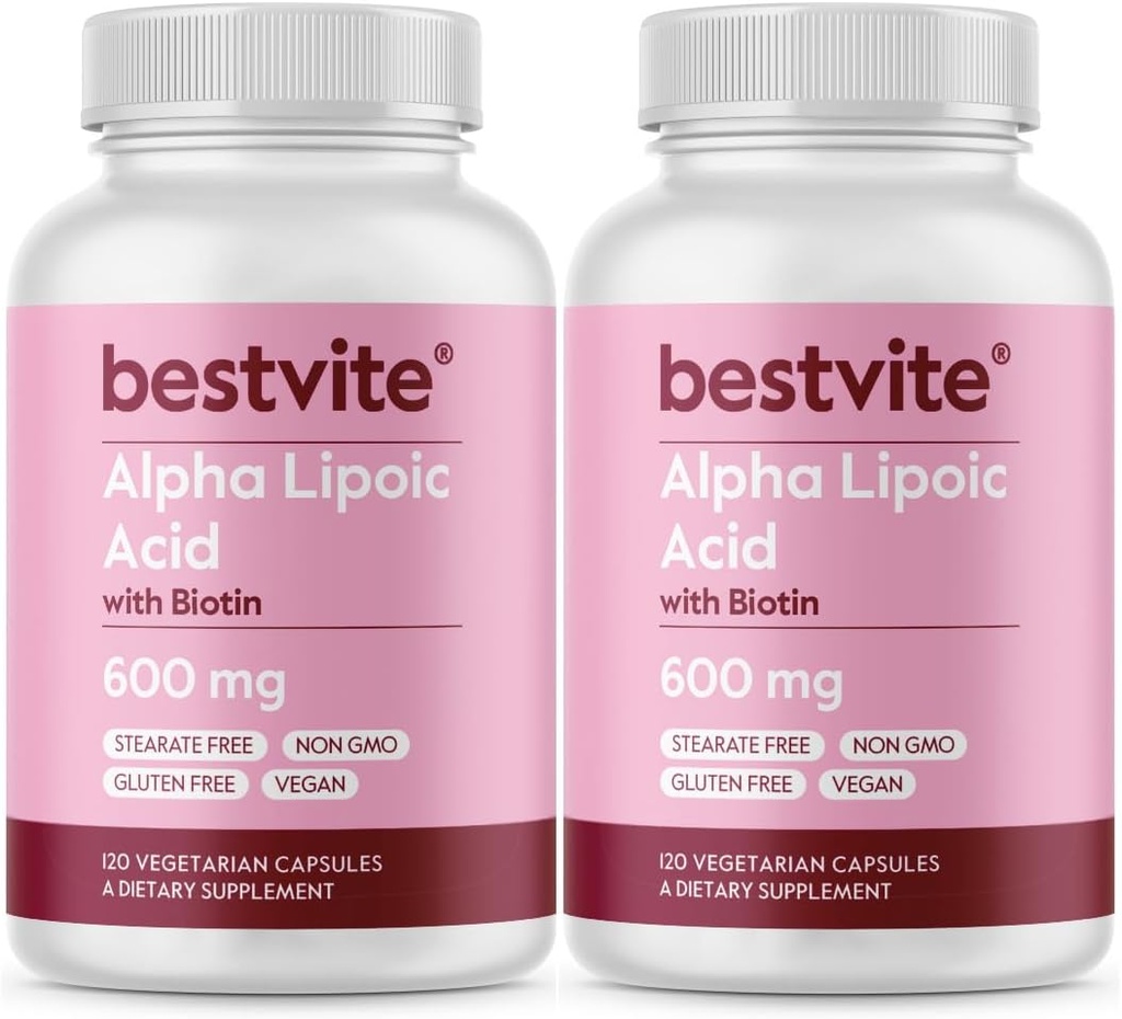 Alpha Lipoic Acid 600mg(每瓶Capsule) 与生物素加强吸收(240个植物素Capsules)(2x120) 无填充剂 - 无 Stearates - 无流动剂