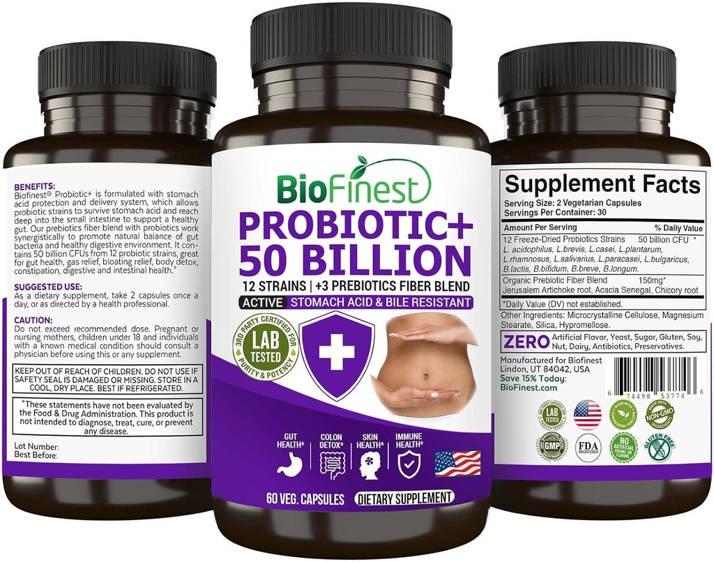 BioFines Probiotic 50亿 CPU 酶补充剂 - 12 Probiotics Strains with 3 Natural Prebiotics - Gut Digestion Detox Gas Bloating Contipation - Acidophilus for Men Women (60 Veg. caps) 配药 配药 配药 配药
