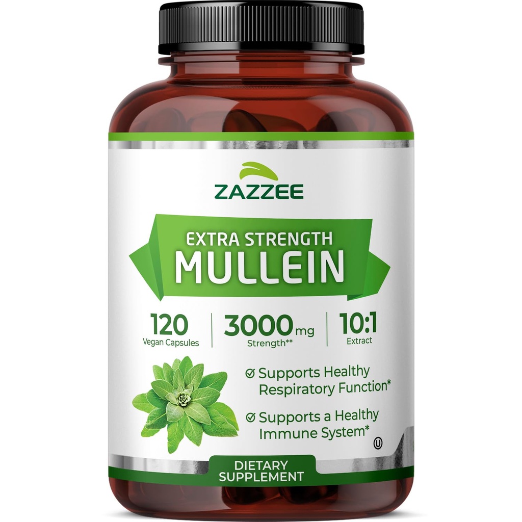 Zazzzee Extra Strip Mullein 10:1 摘录,3000 mg 强度,120 Vegan Capsules, 4个月供应,标准化 10X 摘录,100%纯叶粉,全自然和非GMO,美国制造