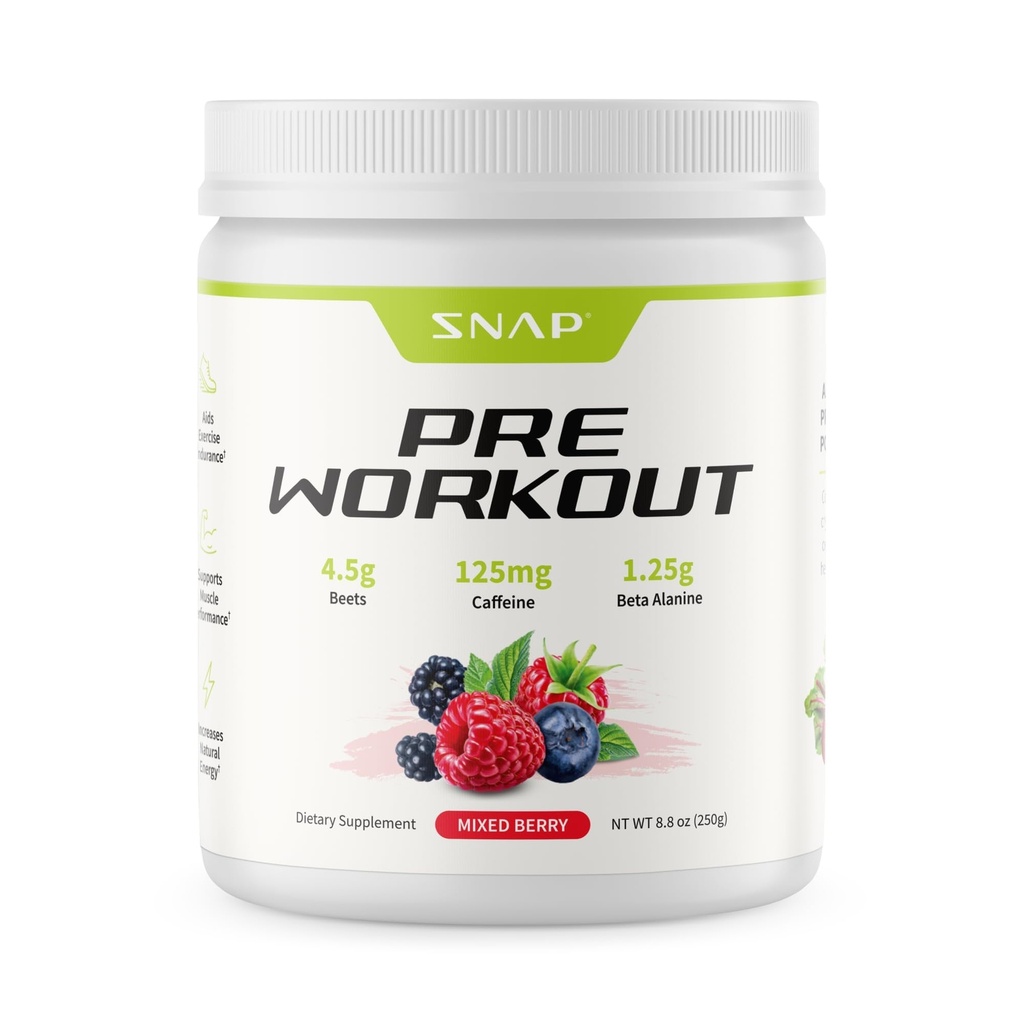 Snap Suppers Pre Workout Beet Root Powder, Nitric Oxide Prewouts for Men and Women - 能量和心脏健康支持,8.8 oz,(30 services,1个月供应),混合莓