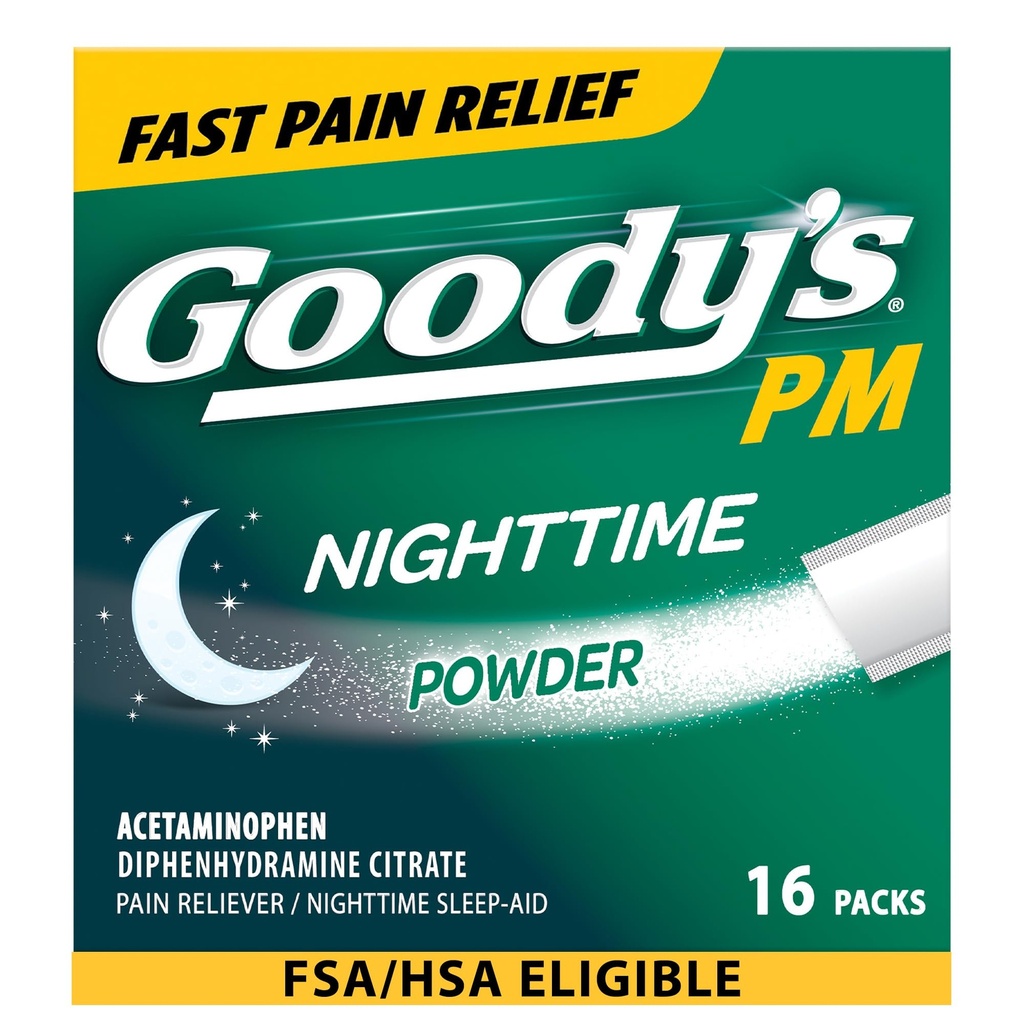 Goody's Nighttime Powder, Pain Reliver & Sleep Aid with Acetaminophen & Diphenhydolamine Citrate, 咖啡因自由, 16 Conte