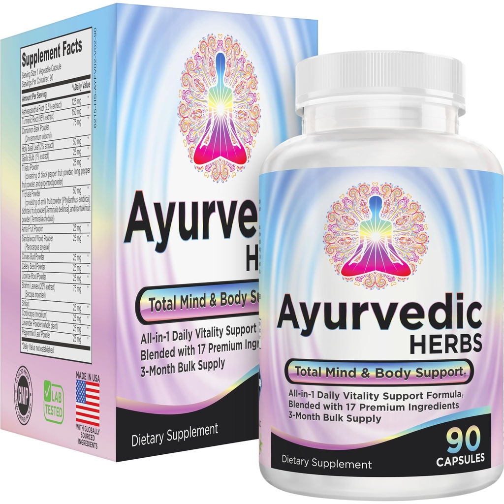 AYURVEDIC Herbs 3-Month Supplement (All-in-1) 补充 Blend | Ayurveda 心灵 心灵 Herbal Complex 配有 17 活化成份 | Ayurvedic 补充 | 90 Capsules