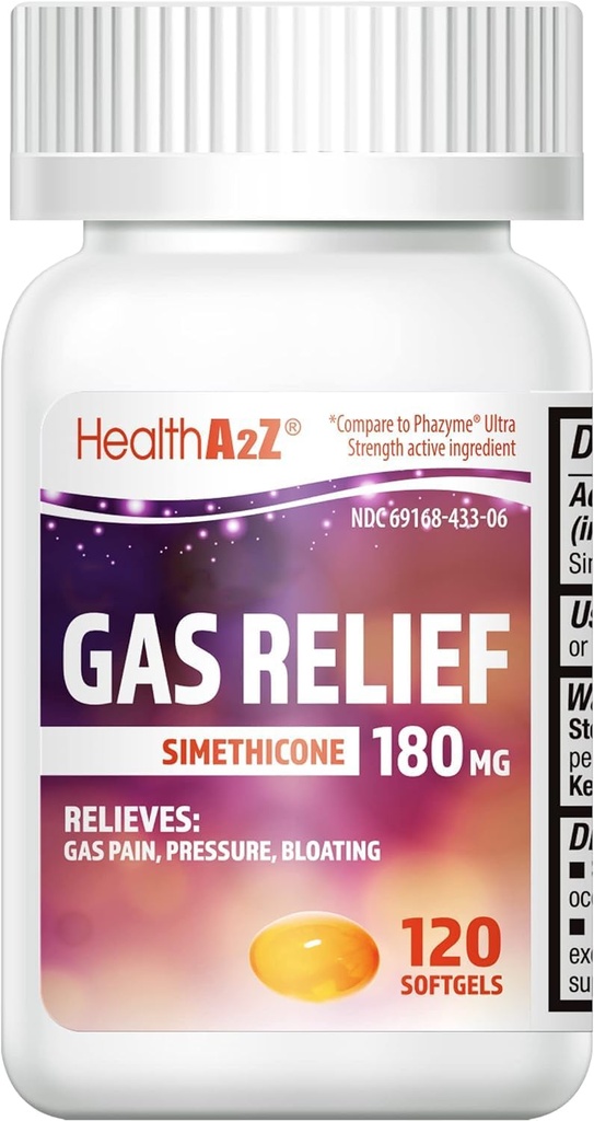 健康 A2Z® 气体救济 Simethicone → 180 MG → 胃部不适和气体的救赎 → 抗平整 → 释放气体快 (120 计数 (Pack of 1))