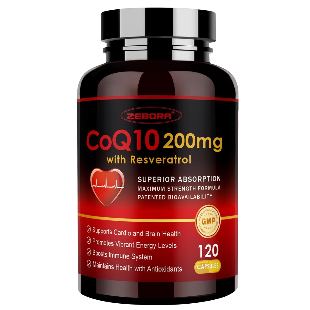 ZEBORA CoQ10-200mg 与Trans-Resveratrol,PQQ & Vitamin E - 高吸附性Coenzyme-Q10 与BioPerine - 为心脏和能量生产提供强抗氧化剂,120 Veggie Capsules
