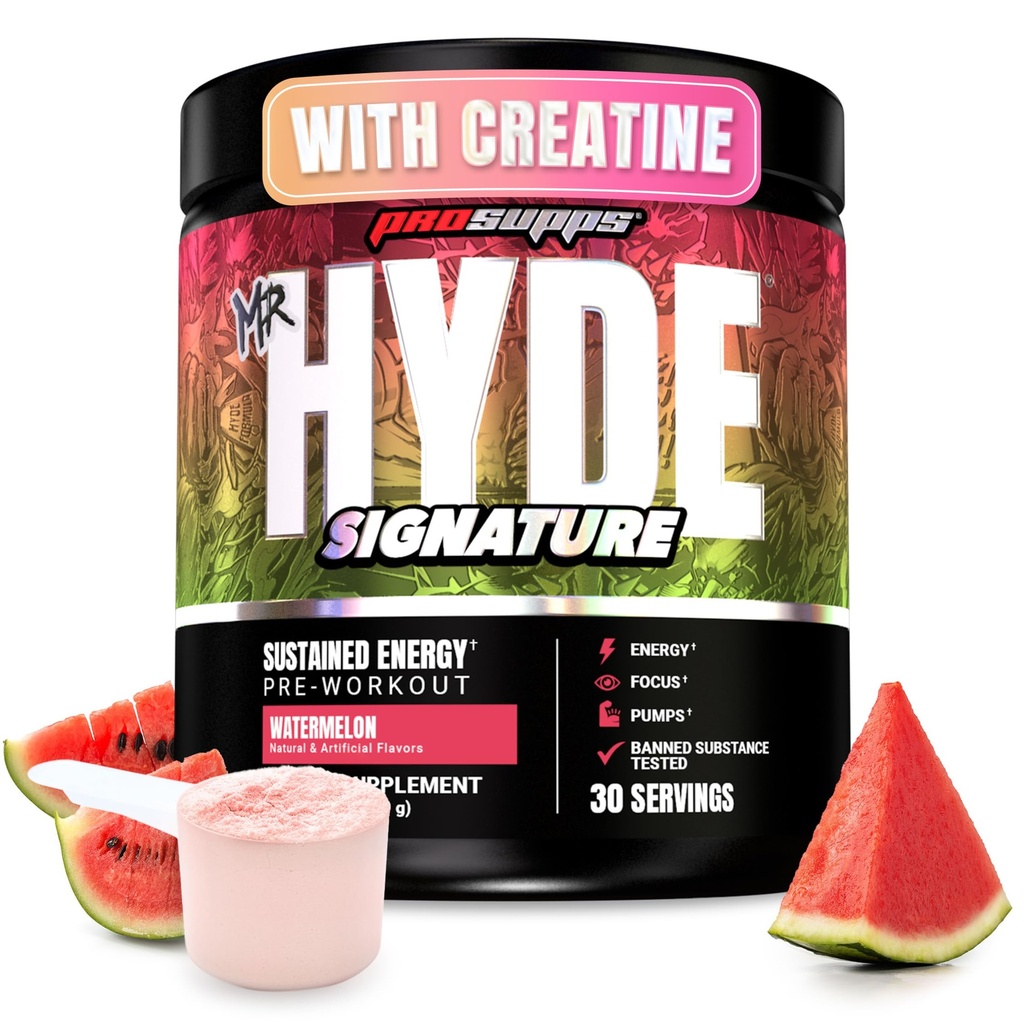 PROSUPS先生 Hyde Signation Pre Working Powder with Creatine, Beta Alanine & Cafeine -- -- 性能、能量和耐力 -- -- 男女清洁健身和健身补充品(Watelon,30名服务员)