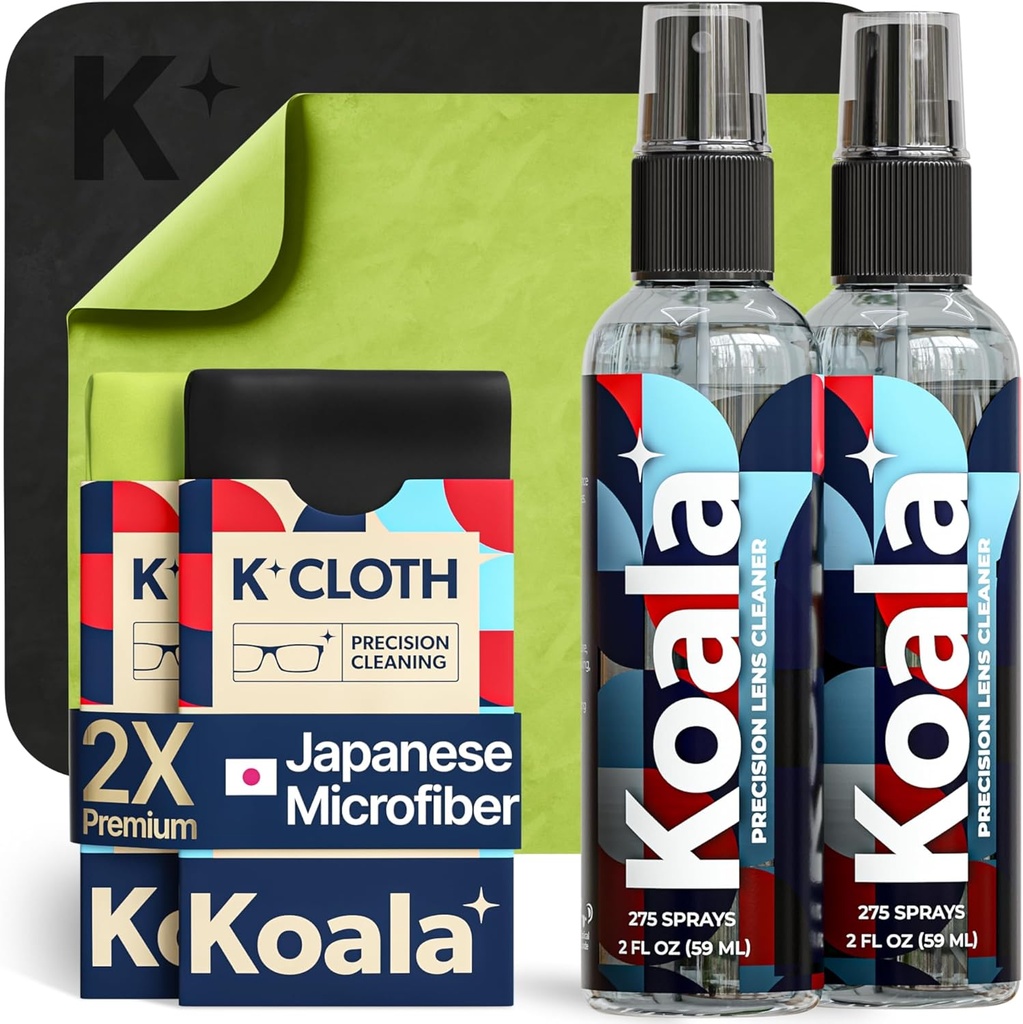 Koala 眼镜镜头 清洁喷雾 Kit →(2x) 玻璃清洁瓶 +(2x) 微纤维 Cloth → 酒精无眼镜 屏幕 和相机清洁 Kit → 在美国制造 (4 Piec Set)