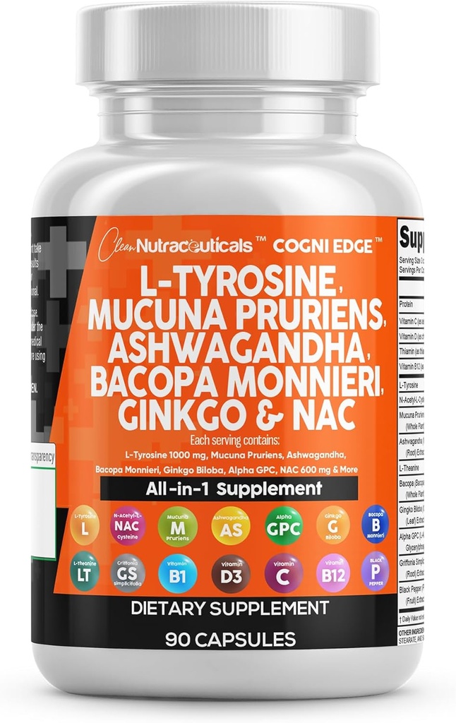 清洁营养素 L Tyrosine Mucuna Pruriens Bacopa Monnieri Ashwagandha Focus 补充 w/N-Acetyl Cysteine NAC 5-HTP Ginkgo Biloba Alpha GPC 维生素 C D B1 B12