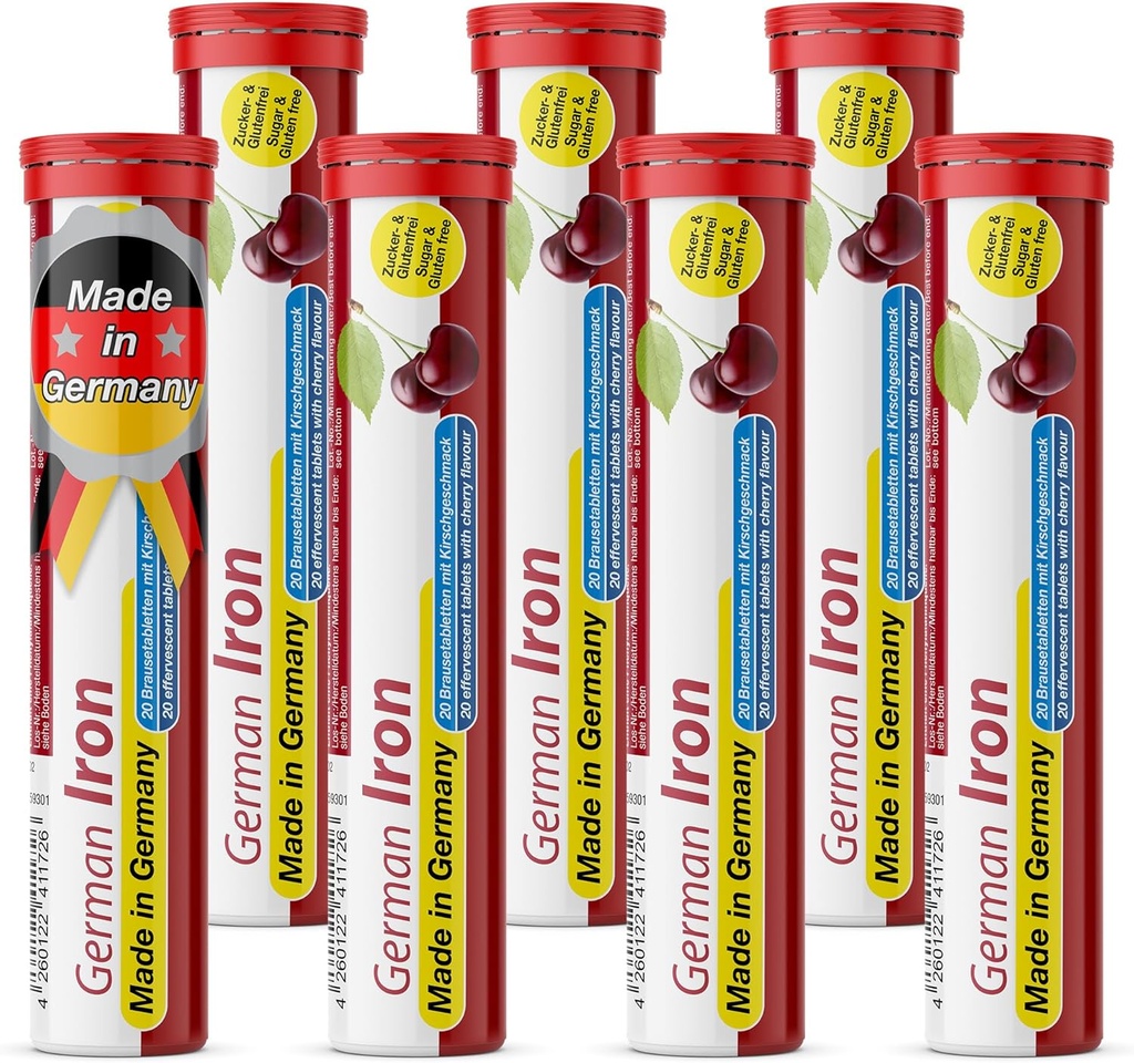 T&D 德国铁14毫克 - 140 Vegan 饮料 Effervescent 药片 - Cherry Flavor - 德国制造