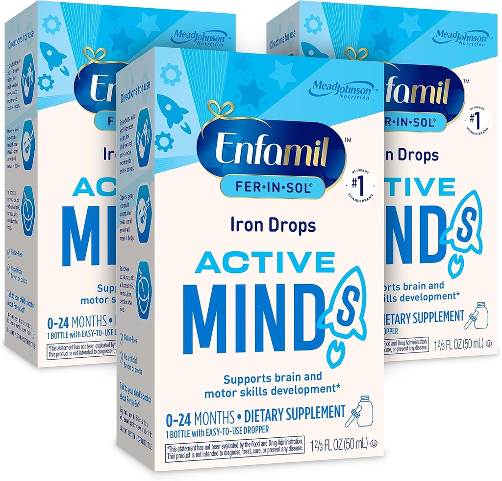 Enfamil Fer-In-Sol Iron Suppers for Infants & Toddlers, 支持大脑发育, 50 mL 滴水瓶, 包装 3