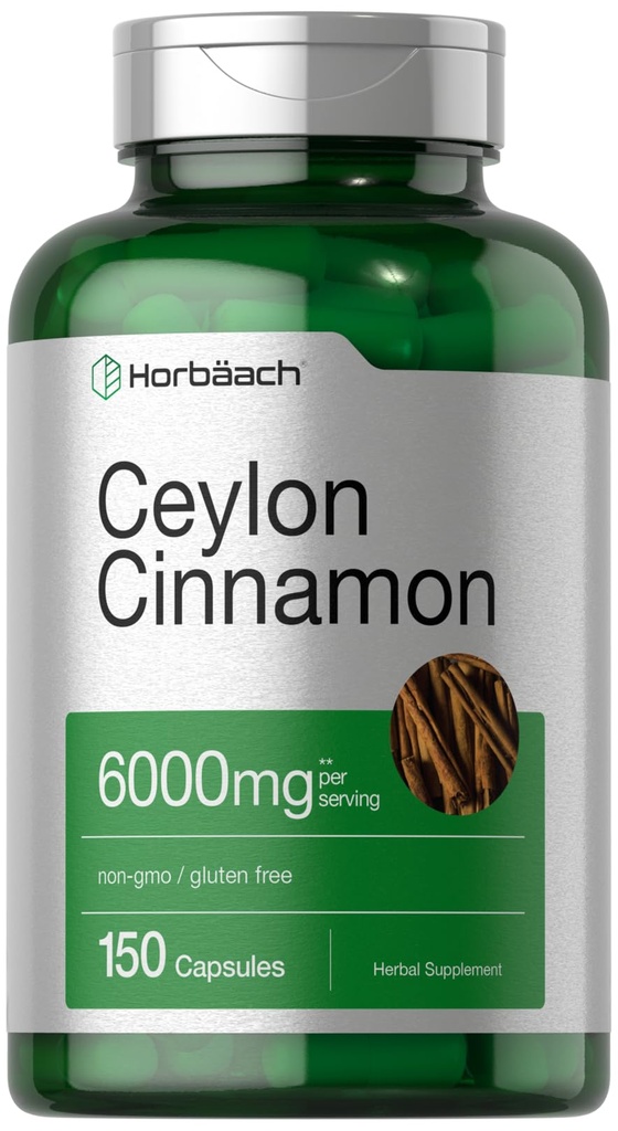 Horbäach Ceylon Cinnamon Capsules → 6000 mg → 150 Counter → Non-GMO & Gluten 免费补编
