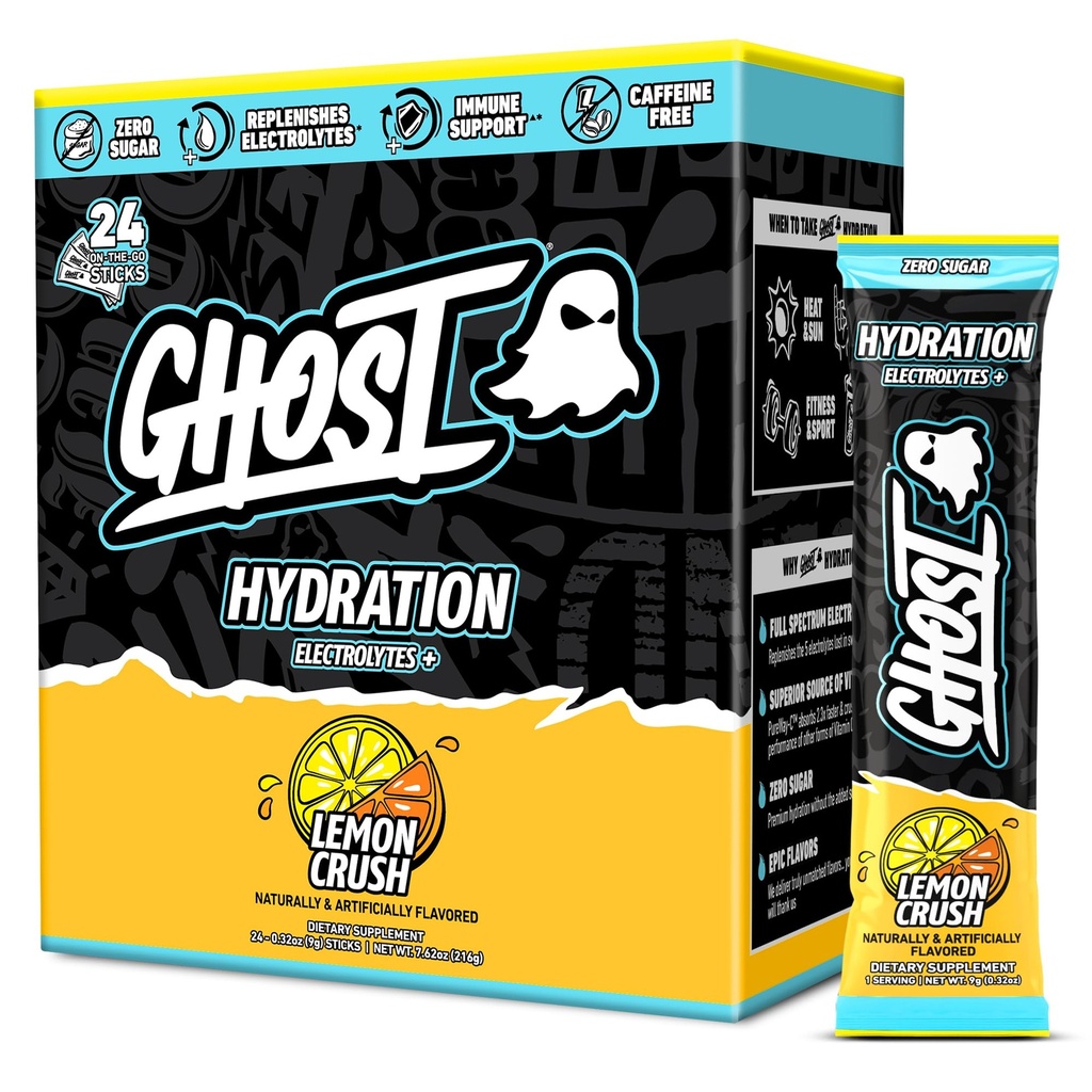 GHOST 水解包 柠檬粉 24 棒 电解质粉 - 饮用配有镁,钾,钙,维生素 C - Vegan 友好型,无豆,糖和胶