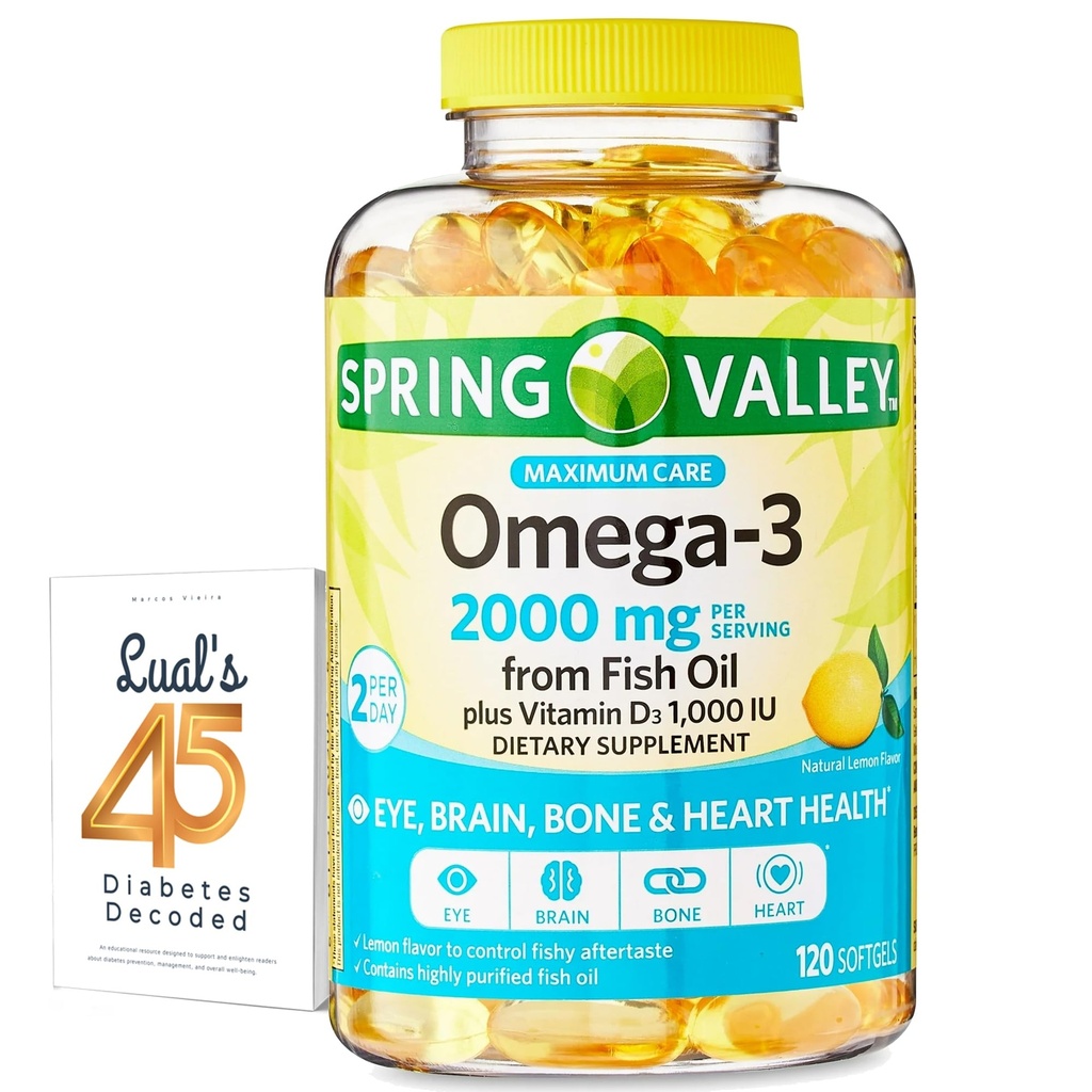 春谷Omega-3 来自鱼油 2000毫克 眼脑骨和心脏健康 饮食补充软胶,120 Counter, Bundle 与 Luall 的 45 糖尿病解码
