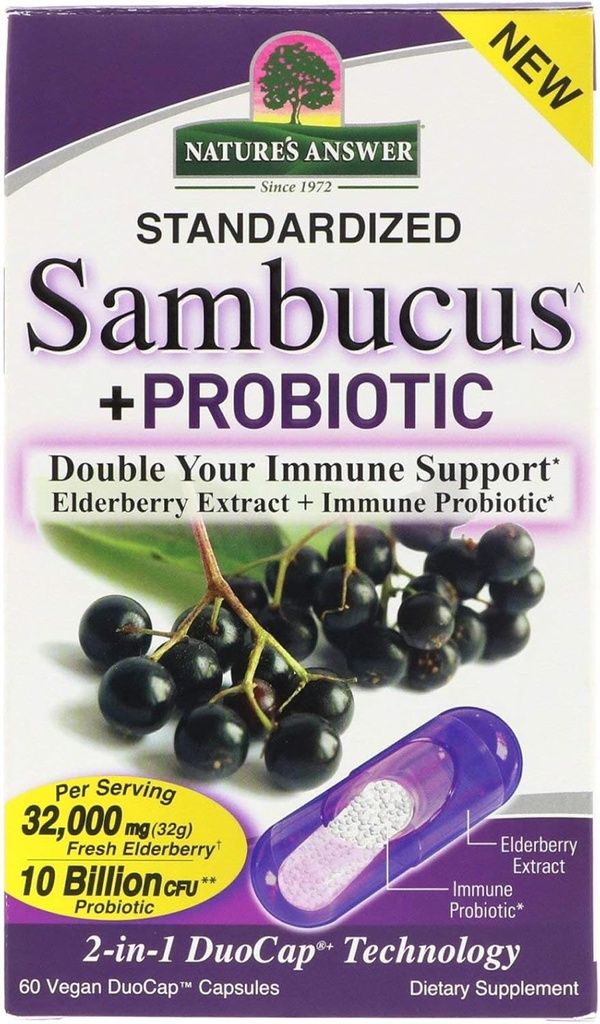自然之答 Sambucus + Probiotic + 新2-in-1 双倍 你的免疫支持 + 32,000mg 标准化的 新鲜的 老年莓 Duo Cap 配有 10 亿 的 CPU Probiotic + Gluten - Free, 非 GMO - 60 Vegan Capsules