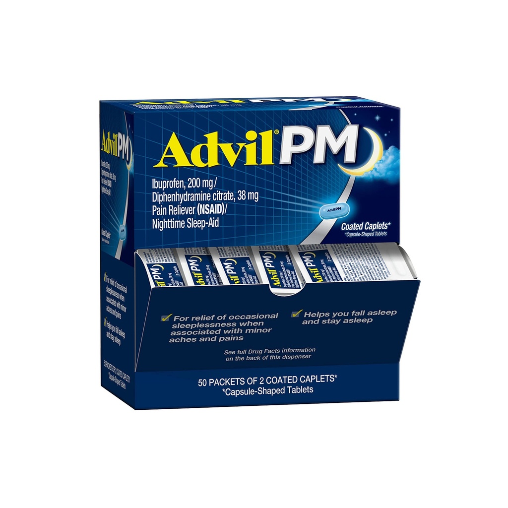 Advil PM Pain Reliver and Nighttime Sleep Aid, 用Ibuprofen治疗疼痛的疼痛药物和二酚胺 Citrate for a Sleep Aid - 50x2 混合卡片