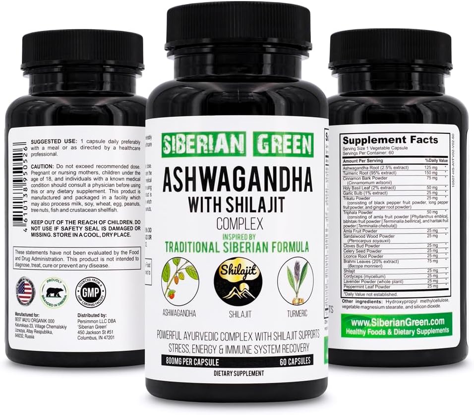 西伯利亚绿色 Ashwagandha 与 Altai Shilajit & Turmeric Ayurvedic Complex 60 Capsules – 传统的西伯利亚公式应激反应缓解,木德,能源支持,Immune系统恢复