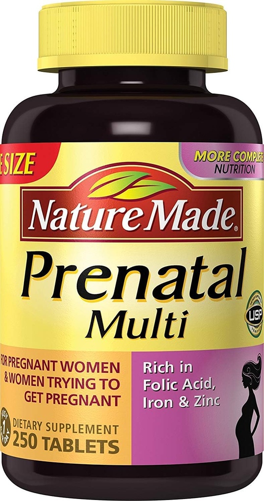 Nature Made Prenatal Multi, 250 Tablets, Folic Acid + 17 Prenatal Vitamins & Minerals to Support Baby Development and Mom, Vitamin D3, Calcium, Iron, Iodine, Vitamin C, and More