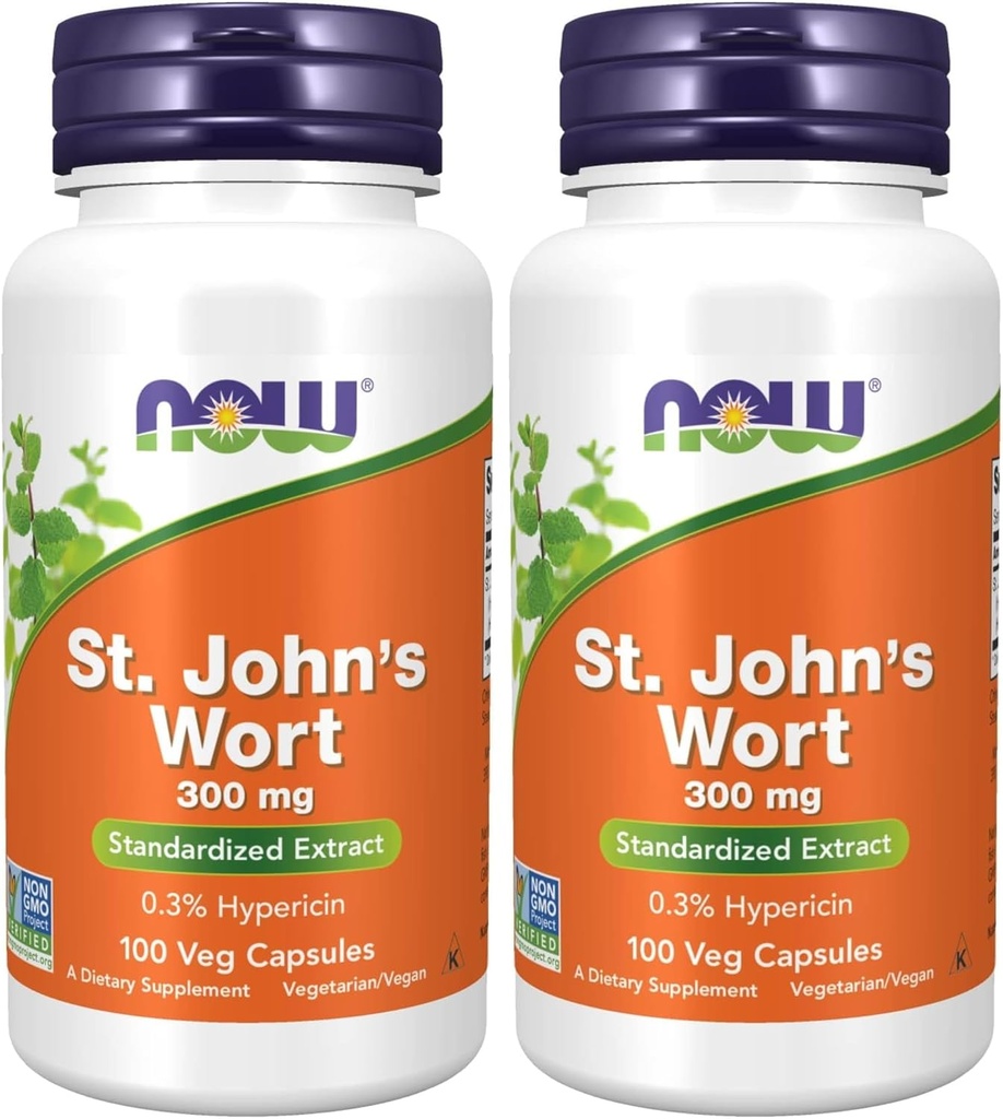 NOW 补编,圣约翰蠕虫(Hypericum perforatum) 300 mg,标准化提取,100 Veg Capsules (Pack of 2)