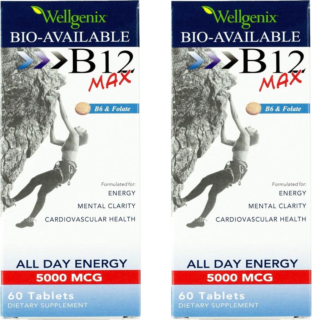 Wellgenix Bio-Available 亚语言 B12 Max - 为高吸收量制定 - 营养多维特敏 B12, B6, Folate - 快速溶解(60Ct) 2 Pack