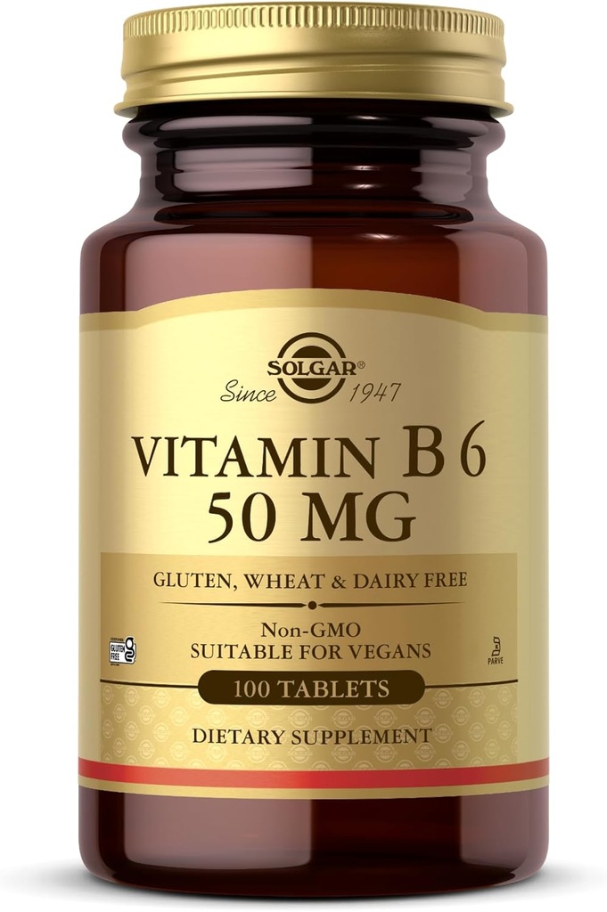 Solgar维生素B6 50毫克-100毫克-非GMO、Vegan、Gluten Free、乳品自由、Kosher-100种服务