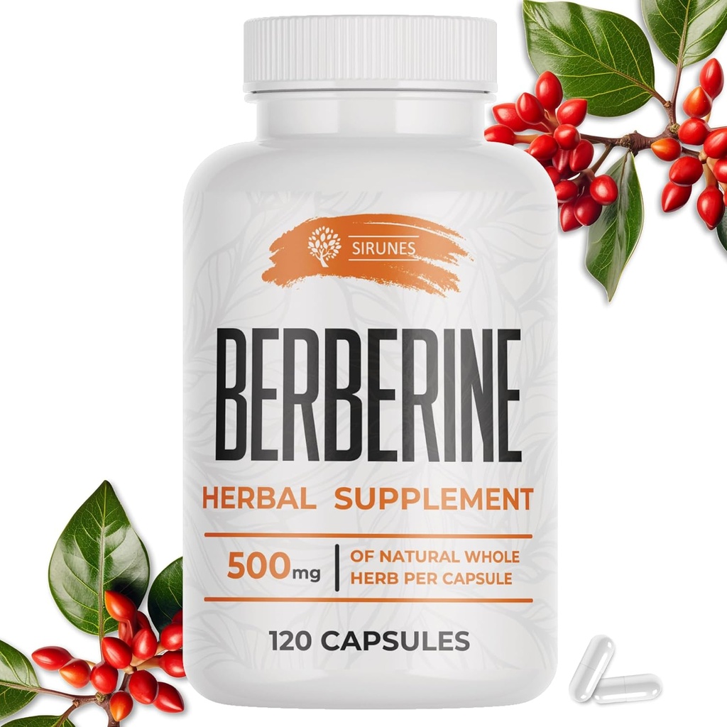 SIRUNES BERBERINE Supplement – BERBERINE HCL 男女膳食补充 – NN GMO BERBERINE 500mg – 理想的免疫支持,心脏,胆固醇水平 120卡普尔