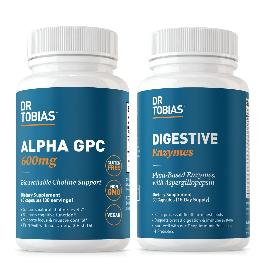 Tobias Alpha GPC 博士和消化酶 - 支持认知功能和每天的Gut Health 与 Bioblicable Choline 补充与 Premium Enzyms 用于消化, Non-GMO