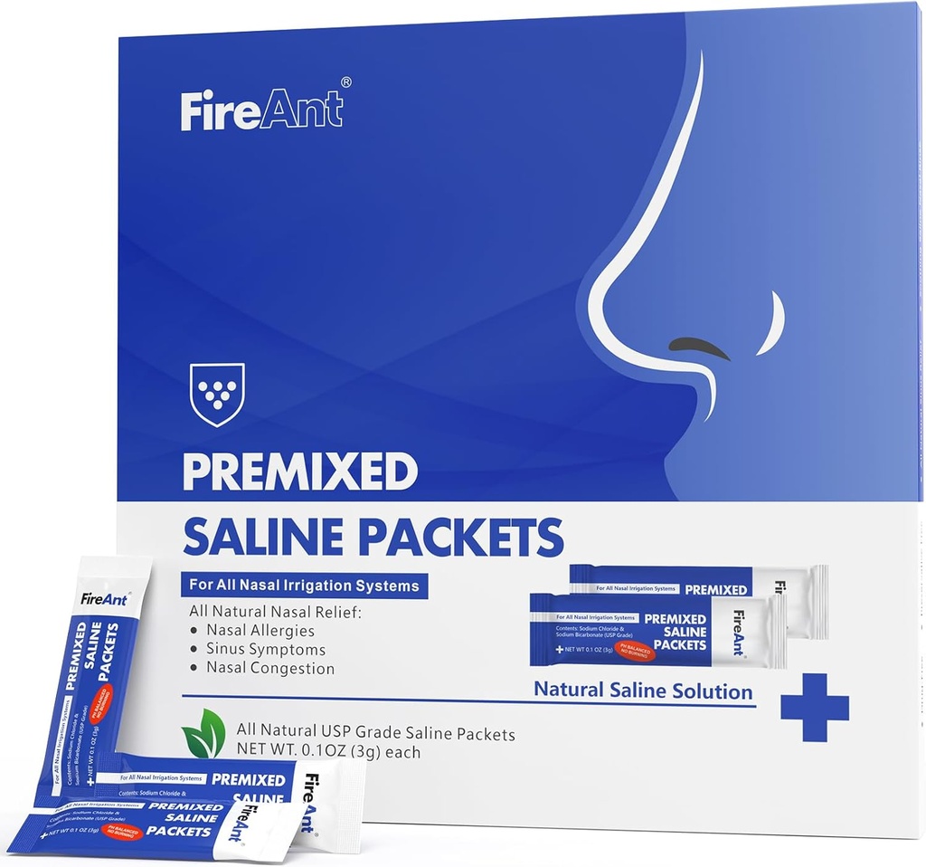 FireAnt Saline Packets for Sinus Rinse, 100 Premixed Neti Pot Salt Packet for Nasal Rinse, Sinus Rinse Packets for Nasal 灌溉系统, PH平衡-板蓝