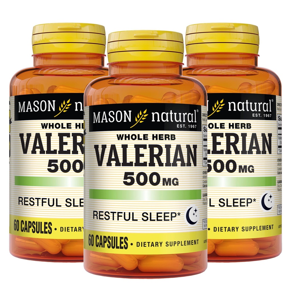 MASON NATURAL Valerian Root 500 mg, 6个月供应,自然睡眠援助,促进健康和休息睡眠,草药补充,3 Pack