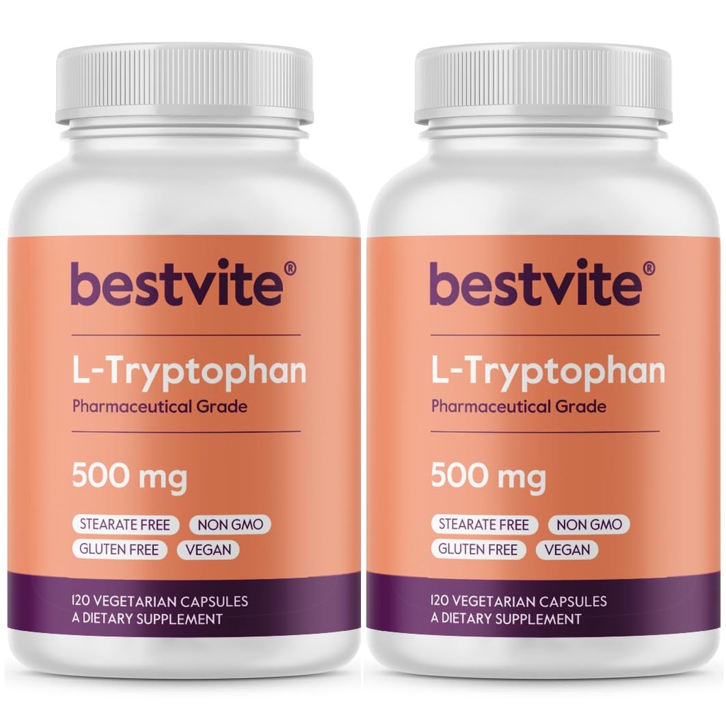 BESTVITE L-Tryptophan 每卡普尔500毫克(240个蔬菜卡普尔)(2-Pack) - 无 Stearates - 无 Silica - 无 Gelatin - Vegan - Gluten Free - 非 GMO